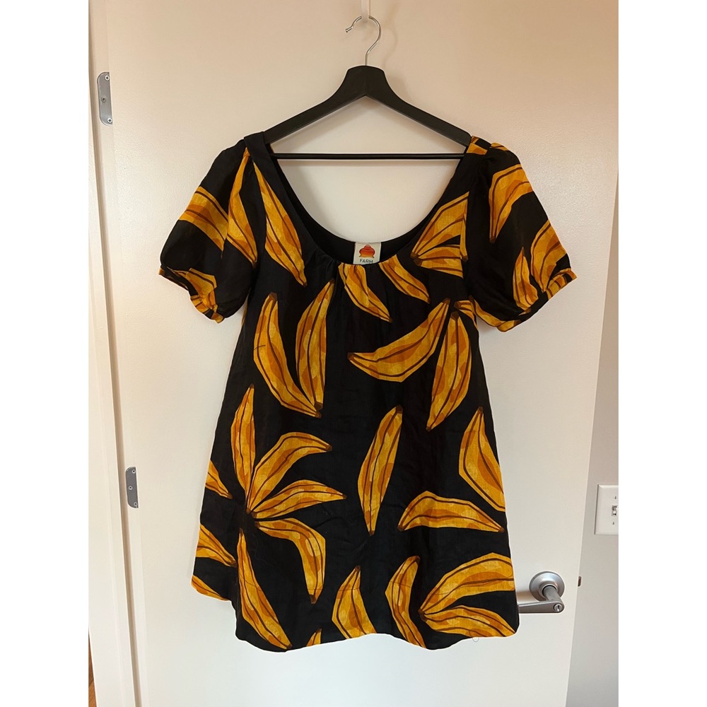 Farm Rio, banana print shift dress, linen, size medium